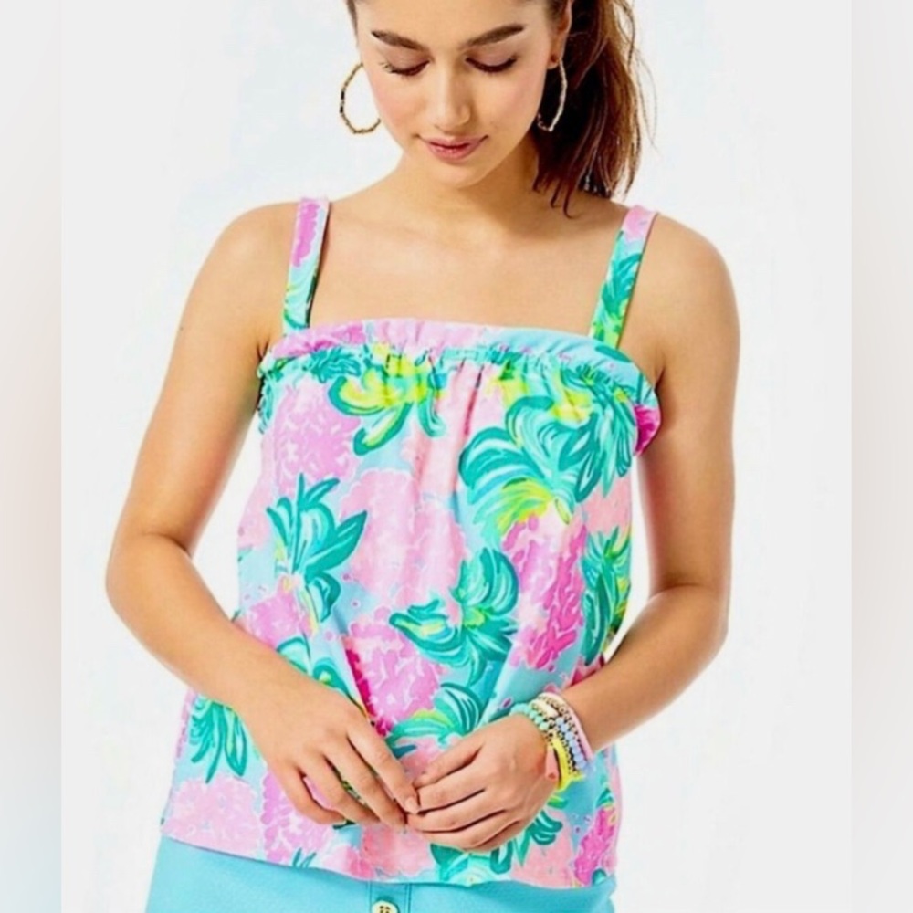 Lilly Pulitzer Jia Tank Top vibrant pink and blue pineapple print Small